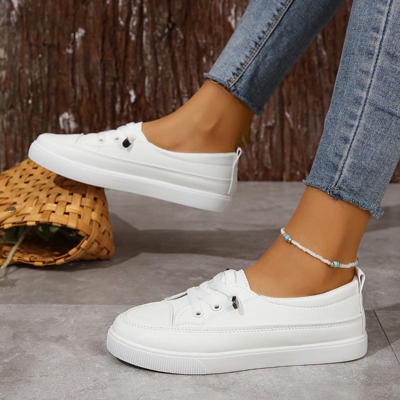 Womens Chic Slip-On Sneakers - Effortless Convenience, Low-Top Skate Style, Comfortable Flat Soles, All-Matching White Trainers for Everyday Fashion