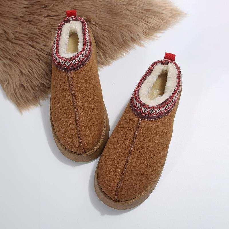 Women's Chestnut Contrast Print Suede Plush Lined Snow Boots, Girl Winter Stylish Design Footwear Comfort Shoe