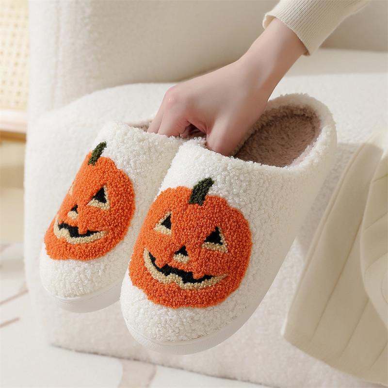 Slippers for Women Comfy Faux Fur Lined Skull Pumpkin Plush Slippers Antislip House Shoes Plush Bedroom Flat Slides Walking Shoes Footwear Flipflop