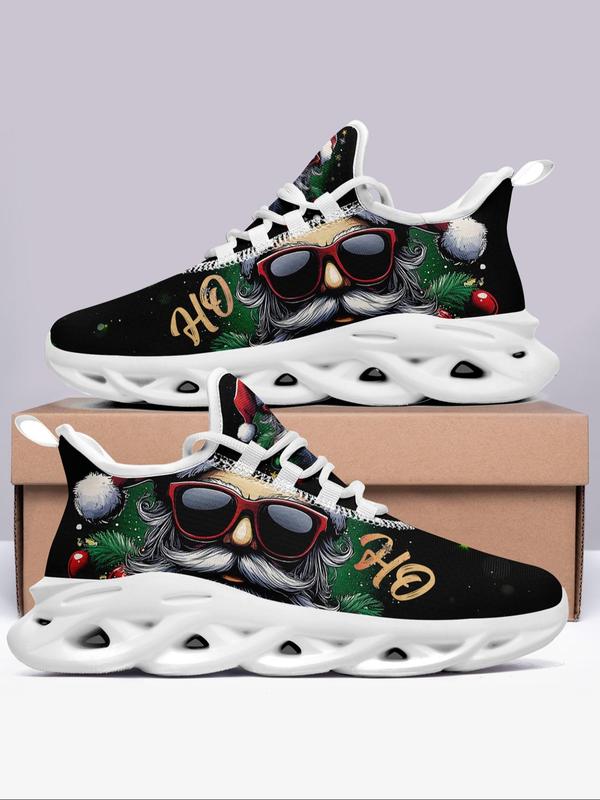 Men's Fashionable Christmas Theme Santa Claus & Bell Print Sneakers, Breathable Blade Sole Sports Running Shoes, Male All-match Round Toe Shoes for Daily Wear