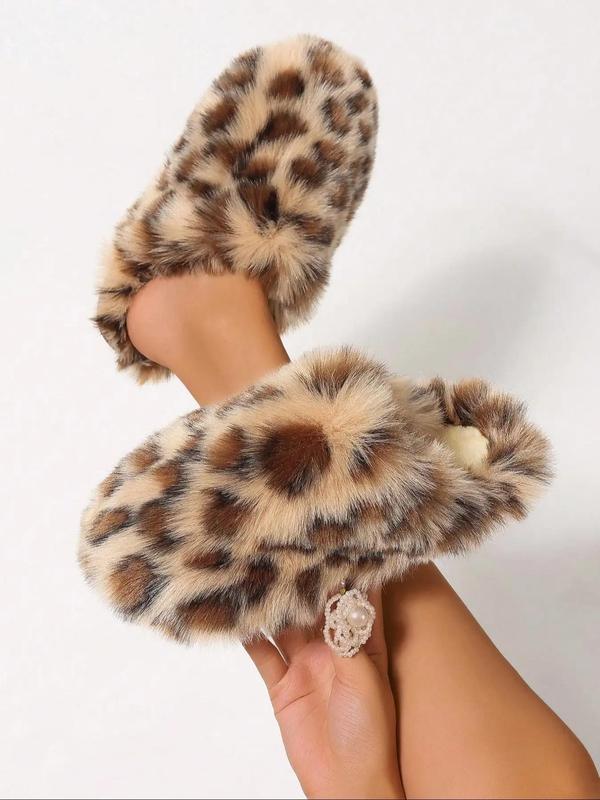 Women's Leopard Pattern Fluffy Slippers, Casual Soft Comfortable Home Slippers, Non-slip Warm Slippers for Indoor & Outdoor Use for Fall & Winter