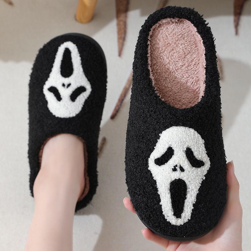 Slippers for Women Comfy Faux Fur Lined Skull Pumpkin Plush Slippers Antislip House Shoes Plush Bedroom Flat Slides Walking Shoes Footwear Flipflop