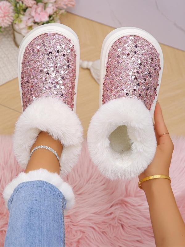 Women's Fashionable Contrast Sequin Design Plush Lining Slippers, Casual Soft Comfortable Home Slippers, Warm Slippers for Indoor & Outdoor Use for Fall & Winter