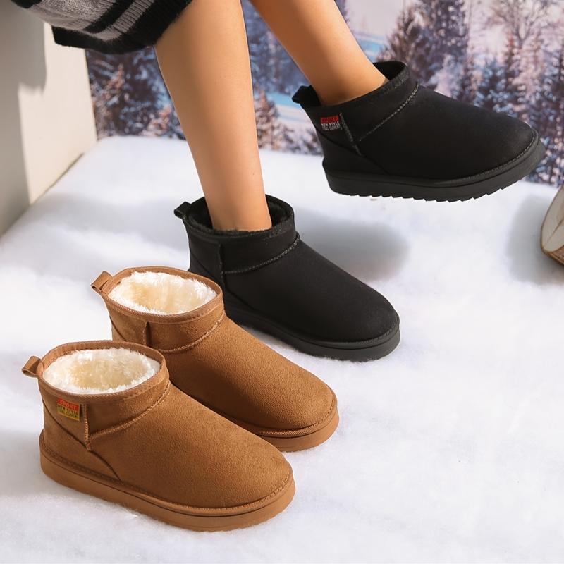 A Neutral Solid Color Snow Boots with round Toe Design, Lined with Warm Corduroy, Insole Is Flannel, Rubber Sole, Bringing a Comfortable Experience in Winter