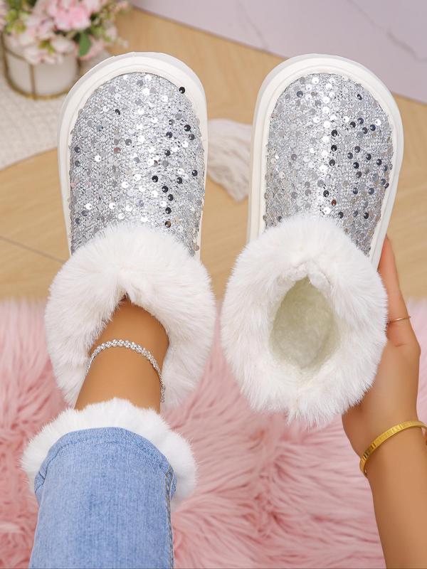 Women's Fashionable Contrast Sequin Design Plush Lining Slippers, Casual Soft Comfortable Home Slippers, Warm Slippers for Indoor & Outdoor Use for Fall & Winter