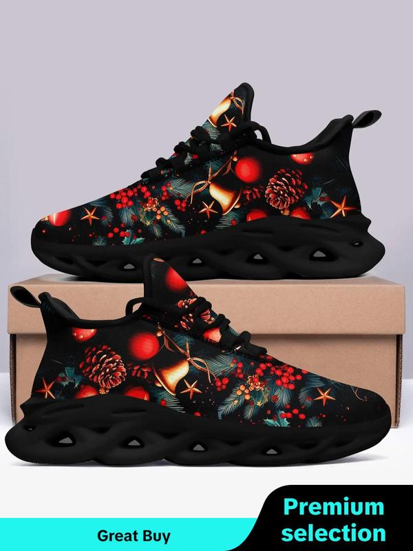 Men's Fashionable Christmas Theme Santa Claus & Bell Print Sneakers, Breathable Blade Sole Sports Running Shoes, Male All-match Round Toe Shoes for Daily Wear