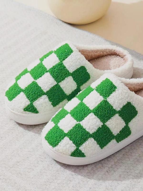 Colorblock Checkerboard Pattern Plush Slippers for Women, Casual Comfortable Silent Anti-slip Home Slippers, Fluffy House Shoes for Indoor and Outdoor