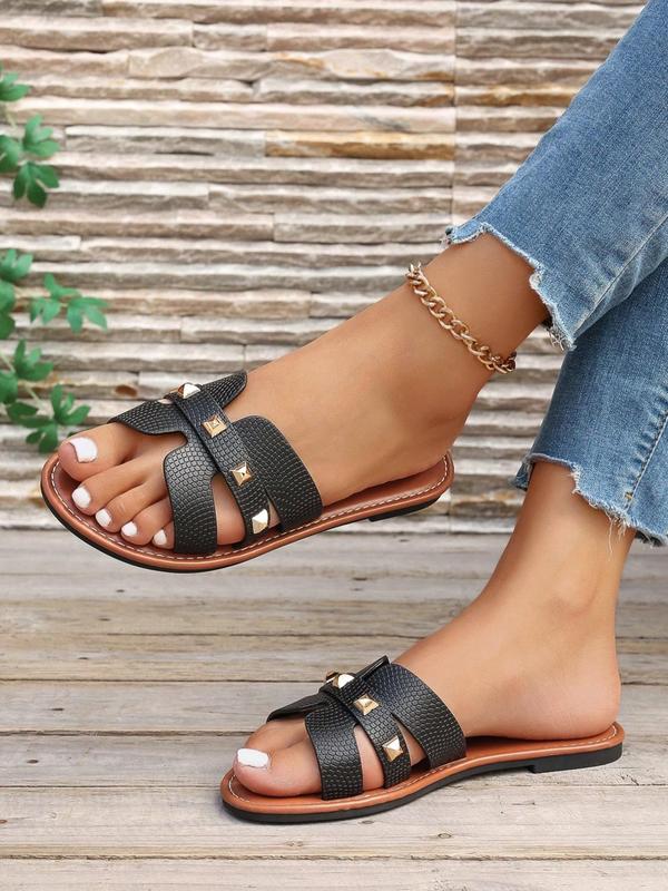 Women's Fashionable Rivet Decorated Slide Sandals, Casual Comfortable Flat Sandals for Beach, Fashionable Shoes for Daily Wear