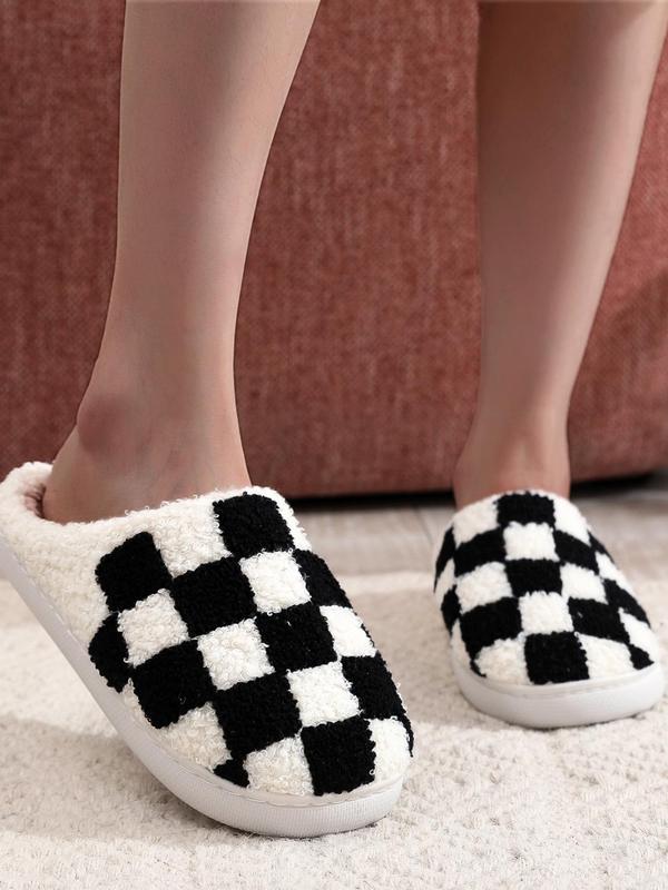 Colorblock Checkerboard Pattern Plush Slippers for Women, Casual Comfortable Silent Anti-slip Home Slippers, Fluffy House Shoes for Indoor and Outdoor