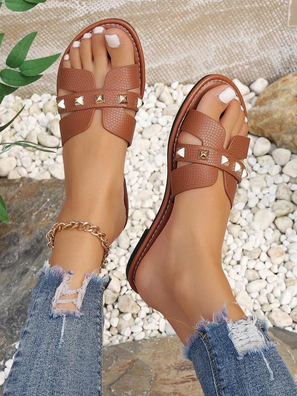 Women's Fashionable Rivet Decorated Slide Sandals, Casual Comfortable Flat Sandals for Beach, Fashionable Shoes for Daily Wear