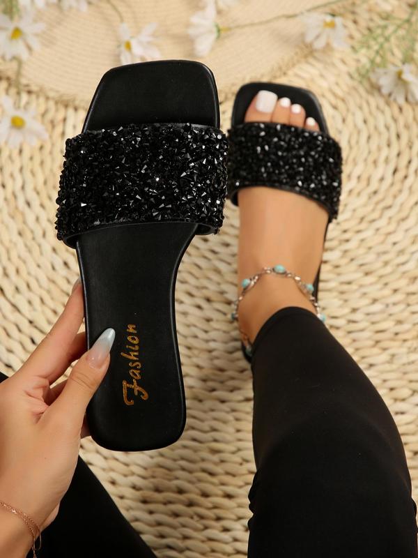 Women's Rhinestone Decorated Slip on Flat Sandals, Casual Square Toe Sandals for Summer Outdoor Beach, New Trendy Non-slip Shoes for Daily Wear