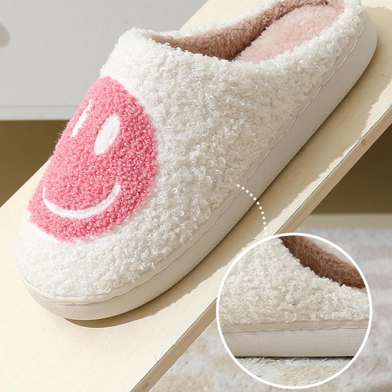 Smile Face Plush Slippers - Causal Soft Retro Fuzzy Home Slippers Non-Slip Soles, Perfect for Indoor Use  Girl Women Footwear Classic Flipflop winter indoor outdoor slipper