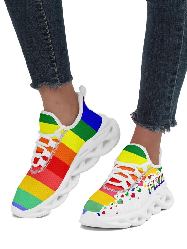 Women's Fashionable Rainbow Stripe & Letter Print Lace up Low Top Sneakers, Lightweight Breathable Comfortable Sports Running Shoes, Perfect for Students