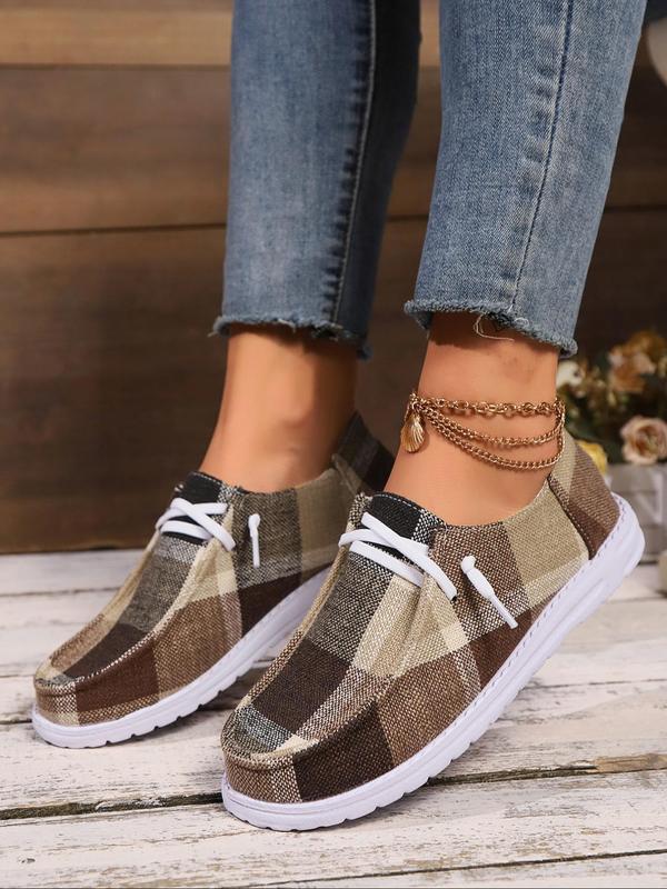 Women's Fashionable Plaid Pattern Lace Up Low Top Athletic Sneakers, Casual Comfortable Round Toe Sports Casual Shoes for Daily Wear, Female All-match Walking Shoes for Fall & Winter