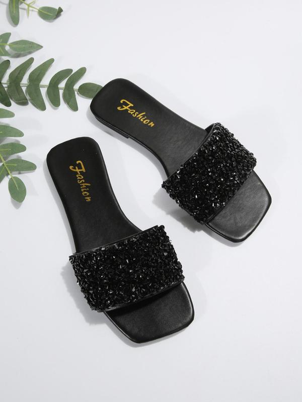 Women's Rhinestone Decorated Slip on Flat Sandals, Casual Square Toe Sandals for Summer Outdoor Beach, New Trendy Non-slip Shoes for Daily Wear