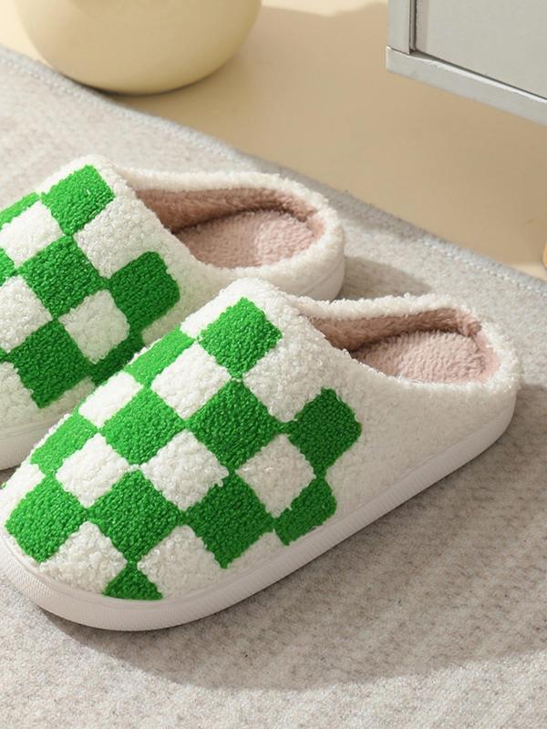 Colorblock Checkerboard Pattern Plush Slippers for Women, Casual Comfortable Silent Anti-slip Home Slippers, Fluffy House Shoes for Indoor and Outdoor