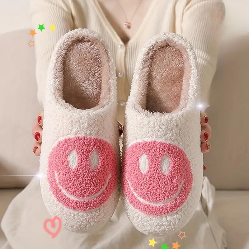 Smile Face Plush Slippers - Causal Soft Retro Fuzzy Home Slippers Non-Slip Soles, Perfect for Indoor Use  Girl Women Footwear Classic Flipflop winter indoor outdoor slipper