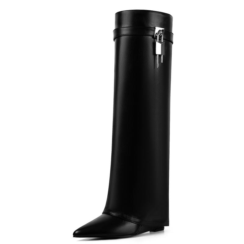 Fold Over Knee High Boots for Women Covered Wedge Heel Padlock Boot Almond Toe Wide Calf Pull-on Fashion Boots Party Shoes