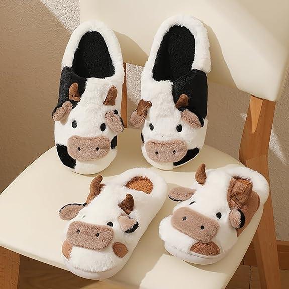 Cozy Unisex Cow Slippers - Soft, chunky, warm, plush animal slippers with fur for indoor and outdoor use - Perfect for cold winter days, house slippers, and gifts!