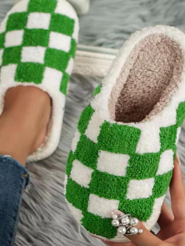 Colorblock Checkerboard Pattern Plush Slippers for Women, Casual Comfortable Silent Anti-slip Home Slippers, Fluffy House Shoes for Indoor and Outdoor