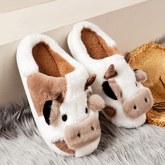 Cozy Unisex Cow Slippers - Soft, chunky, warm, plush animal slippers with fur for indoor and outdoor use - Perfect for cold winter days, house slippers, and gifts!