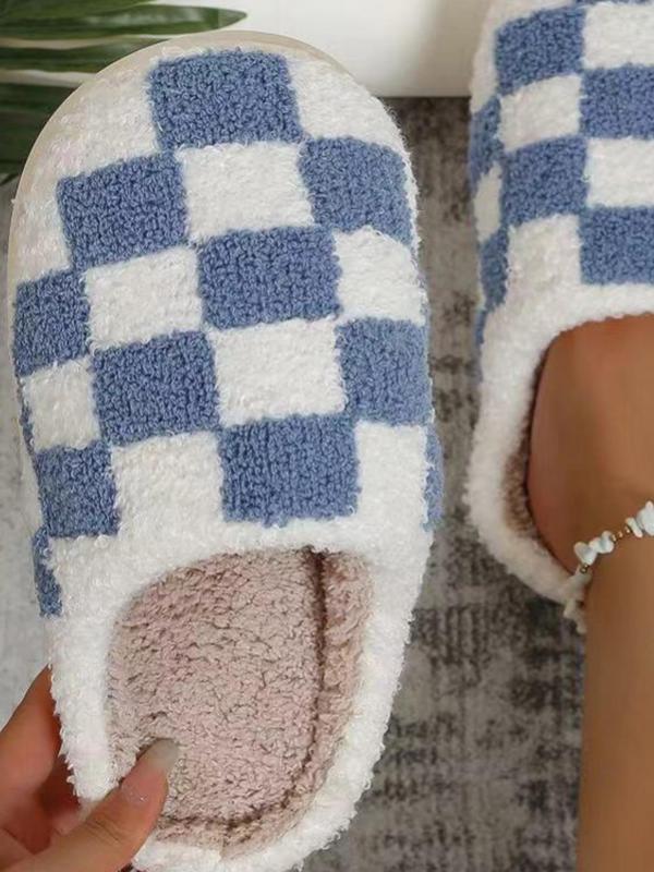 Colorblock Checkerboard Pattern Plush Slippers for Women, Casual Comfortable Silent Anti-slip Home Slippers, Fluffy House Shoes for Indoor and Outdoor