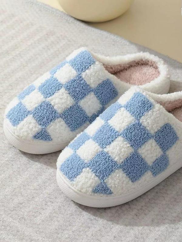 Colorblock Checkerboard Pattern Plush Slippers for Women, Casual Comfortable Silent Anti-slip Home Slippers, Fluffy House Shoes for Indoor and Outdoor