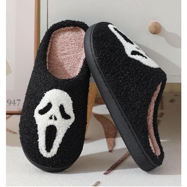 Cute plush slippers, featuring kawaii grids, black and white pumpkins, skulls, cows, smiling faces, and dog slippers.  Women Girl