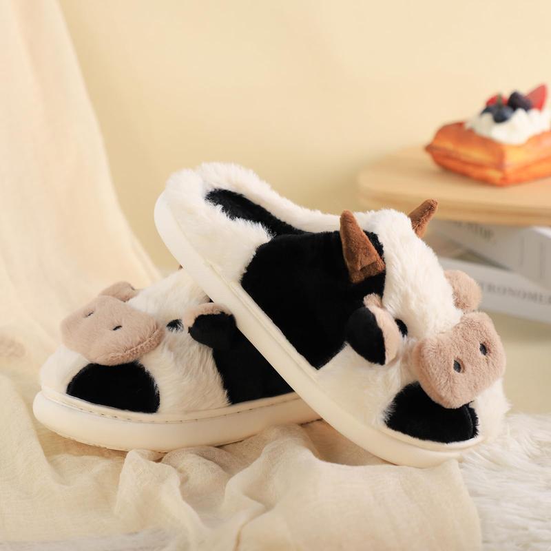 Cozy Unisex Cow Slippers - Soft, chunky, warm, plush animal slippers with fur for indoor and outdoor use - Perfect for cold winter days, house slippers, and gifts!