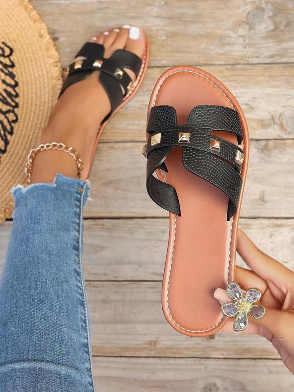 Women's Fashionable Rivet Decorated Slide Sandals, Casual Comfortable Flat Sandals for Beach, Fashionable Shoes for Daily Wear