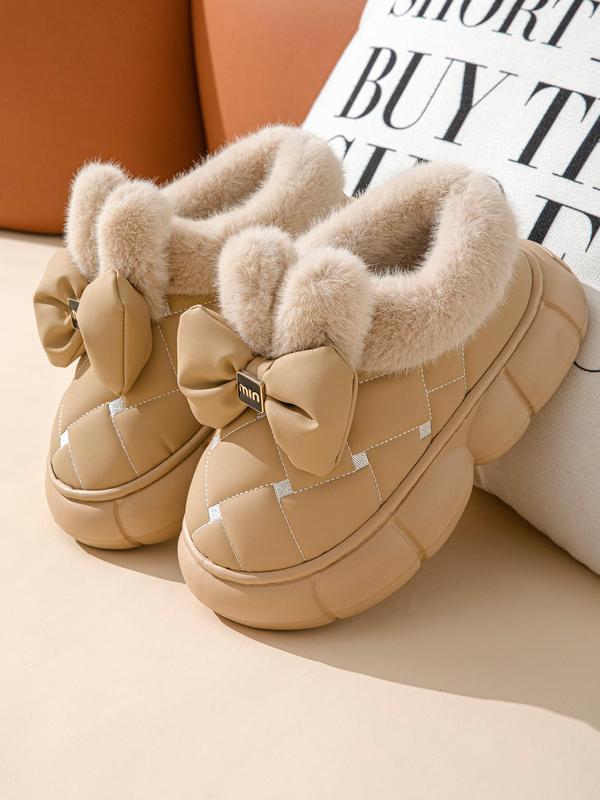 Women's Cute Bowknot Design Plush Lined Slipper Boots, Casual Soft Comfortable Home Slippers, Thick Sole Waterproof Warm Shoes for Indoor & Outdoor Use for Fall & Winter Fluffy Slippers