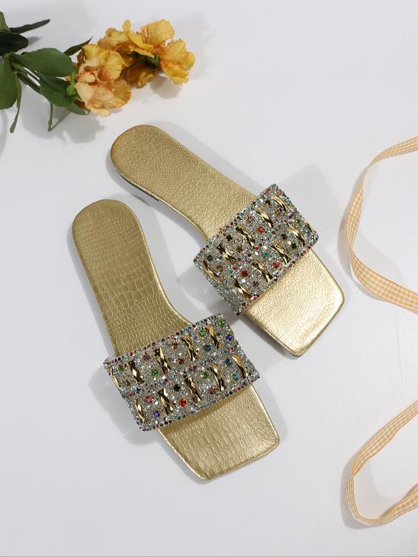 Rhinestone Decorated Flat Sandals, Elegant Square Toe Slide Sandals for Summer for Party, Trendy All-match & Exquisite Sandals for Women & Girls