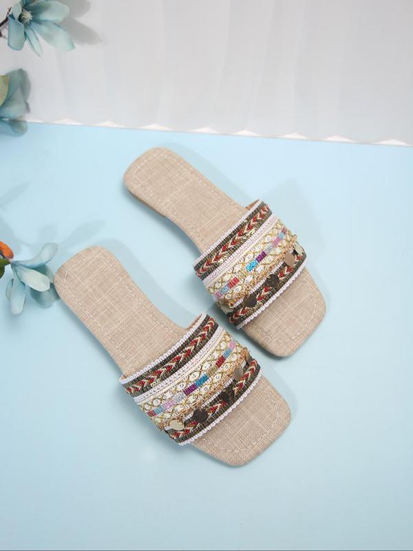 Women's Boho Style Ethnic Pattern Slip on Flat Sandals, Casual Square Toe Sandals for Summer, Luxury Designer Slide Sandals for Beach Vacation, Walking Shoes