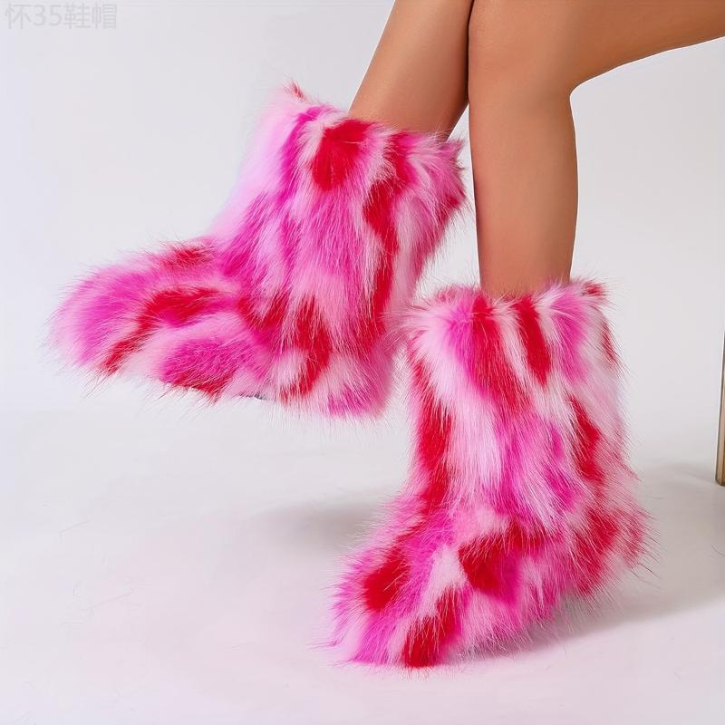 Trendy Colorful Fluffy Furry Snow Boots - Insulated Winter Thermal Slip-Ons for Ultra-Comfy All-Weather Wear - Stylish Mid Calf Flat Sole Boots for Fashion Forward Outfits Footwear Girl Women Walking Shoes Comfort Knee