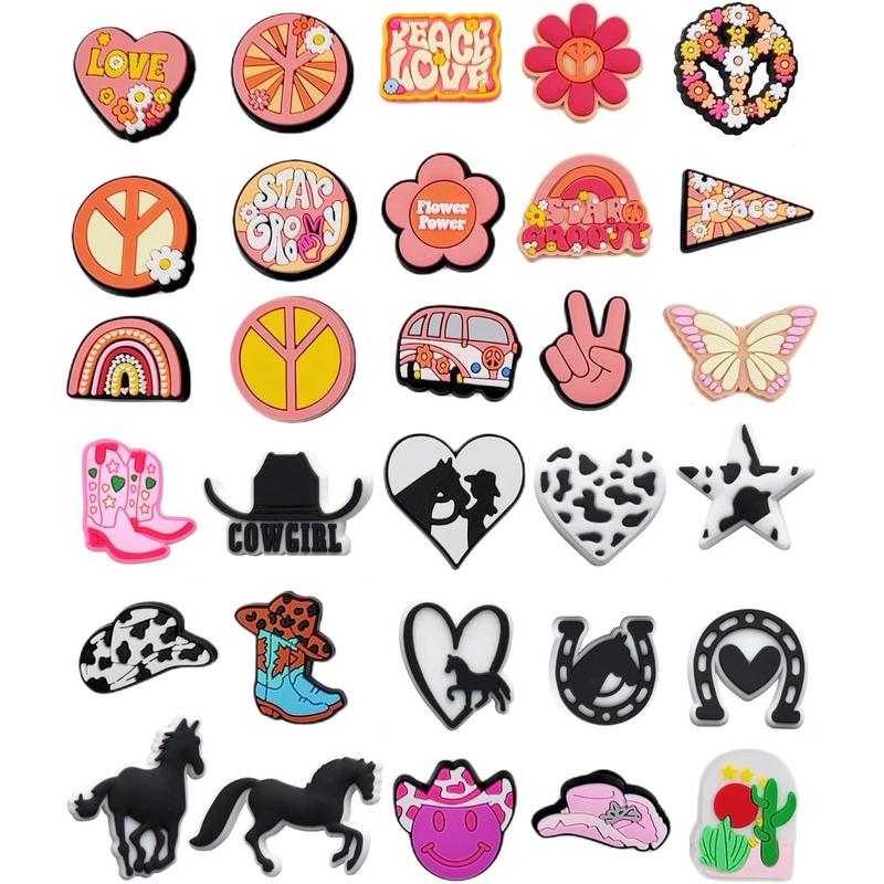 30 50 Pack Flower Shoe Decorations Charms for Clog Accessories Pins for Girls Women Cute Preppy Hippie Horse Pink Peace Butterfly Cowgirl Shoe Charms Party Favors