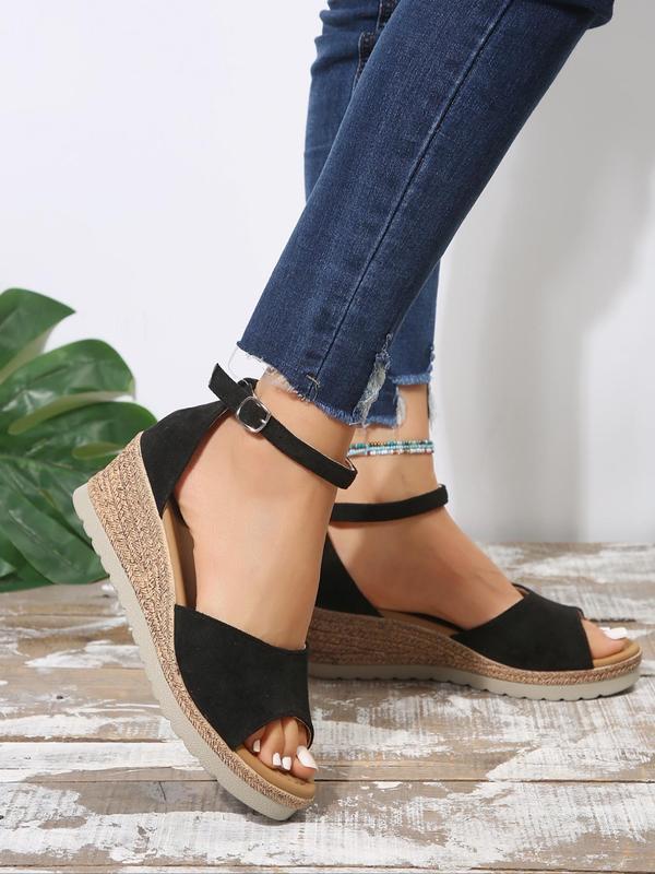 Women's Plain Color Buckle Decor Wedge Sandals, Peep Toe Espadrille Wedge Platform Sandals for Summer, Lightweight Breathable Comfortable Shoes for Daily Footwear