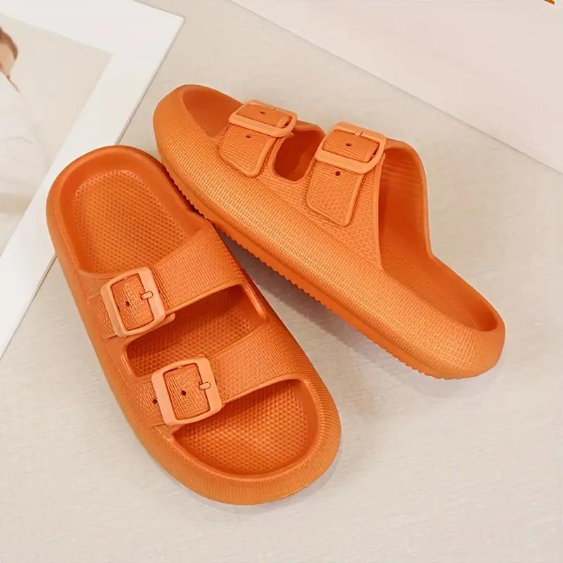 Womens Solid Color Slide Sandals - Effortless Slip-On, Breathable Open Toe, Ultra-Comfortable Double Buckle Straps - Anti-Slip Summer Slides for Everyday Stylish Wear