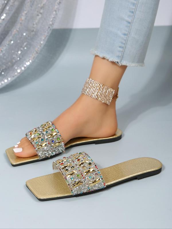 Rhinestone Decorated Flat Sandals, Elegant Square Toe Slide Sandals for Summer for Party, Trendy All-match & Exquisite Sandals for Women & Girls