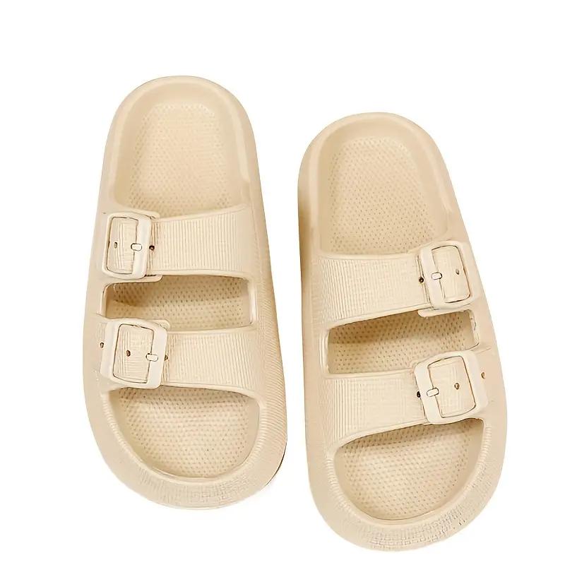 Womens Solid Color Slide Sandals - Effortless Slip-On, Breathable Open Toe, Ultra-Comfortable Double Buckle Straps - Anti-Slip Summer Slides for Everyday Stylish Wear