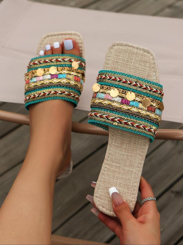 Women's Boho Style Ethnic Pattern Slip on Flat Sandals, Casual Square Toe Sandals for Summer, Luxury Designer Slide Sandals for Beach Vacation, Walking Shoes