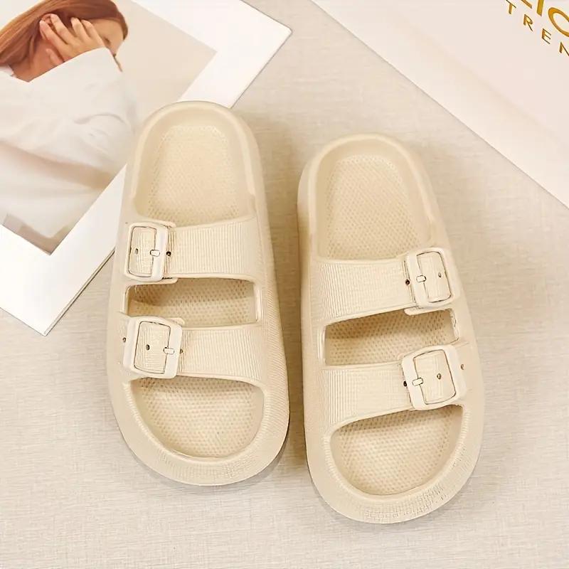 Womens Solid Color Slide Sandals - Effortless Slip-On, Breathable Open Toe, Ultra-Comfortable Double Buckle Straps - Anti-Slip Summer Slides for Everyday Stylish Wear