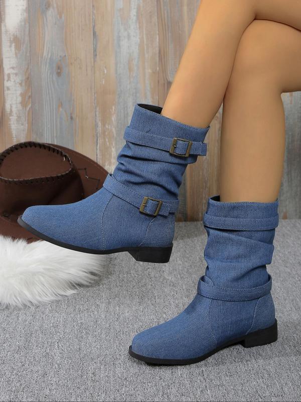 Women's Fashionable Solid Color Belted Design Boots, Casual Comfortable Round Toe Boots for Fall & Winter, Female All-match Trendy Shoes for Daily Wear