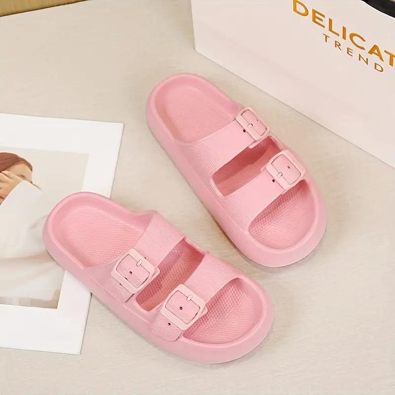 Womens Solid Color Slide Sandals - Effortless Slip-On, Breathable Open Toe, Ultra-Comfortable Double Buckle Straps - Anti-Slip Summer Slides for Everyday Stylish Wear