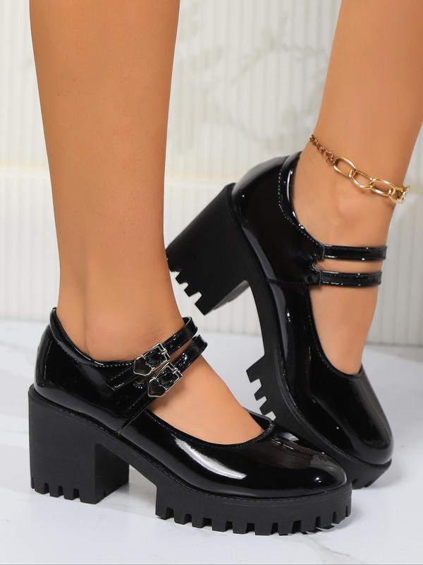 Women's Fashionable Solid Color Double Ankle Strap Platform Mary Janes Pumps, Punk Style Round Toe Chunky Heeled Mary Janes Pumps for Daily Wear