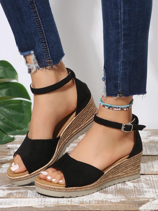 Women's Plain Color Buckle Decor Wedge Sandals, Peep Toe Espadrille Wedge Platform Sandals for Summer, Lightweight Breathable Comfortable Shoes for Daily Footwear