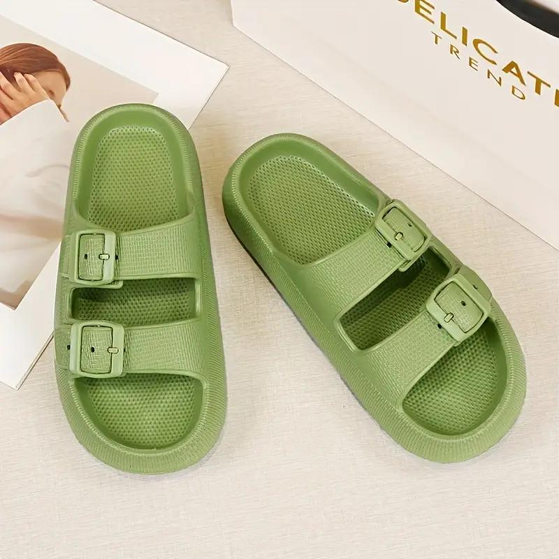 Womens Solid Color Slide Sandals - Effortless Slip-On, Breathable Open Toe, Ultra-Comfortable Double Buckle Straps - Anti-Slip Summer Slides for Everyday Stylish Wear