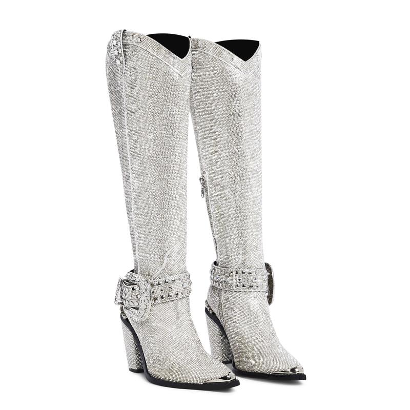 Sharp Sheriff Shine Knee High Boots -Silver