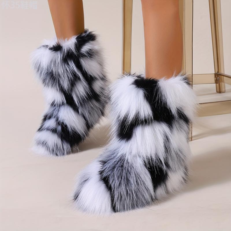 Trendy Colorful Fluffy Furry Snow Boots - Insulated Winter Thermal Slip-Ons for Ultra-Comfy All-Weather Wear - Stylish Mid Calf Flat Sole Boots for Fashion Forward Outfits Footwear Girl Women Walking Shoes Comfort Knee