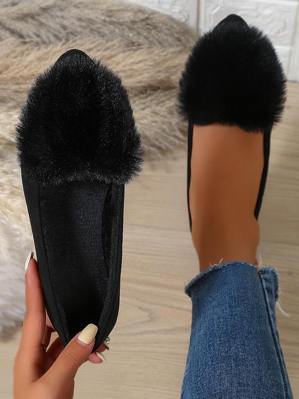 Women's 1 Pair Solid Color Fluffy Flats, Fashionable Pointed Toe Flat Shoes for Daily Wear, Warm Women's Plush Shoes for Winter