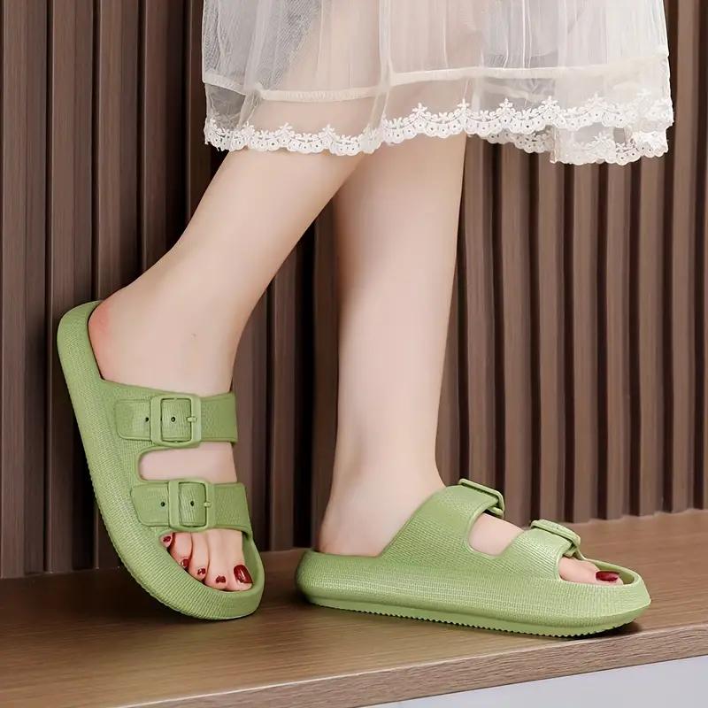 Womens Solid Color Slide Sandals - Effortless Slip-On, Breathable Open Toe, Ultra-Comfortable Double Buckle Straps - Anti-Slip Summer Slides for Everyday Stylish Wear